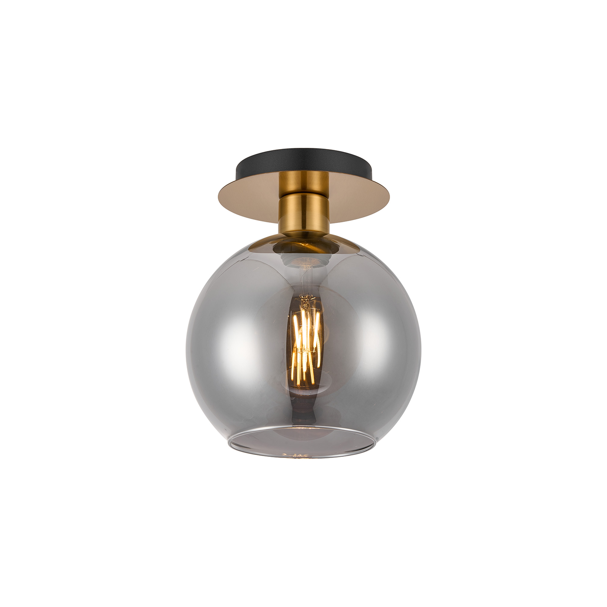 DK1241  Lori 15cm Round Ceiling Flush, 1 Light Flush Fitting E27, Antique Gold/Smoke Open Mouth Round Globe Shades
